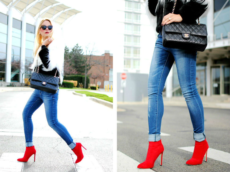 Red Booties_Dear John Denim_Skinny Jeans_Faux Fur Coat_Vanessa Lambert_What Would V Wear