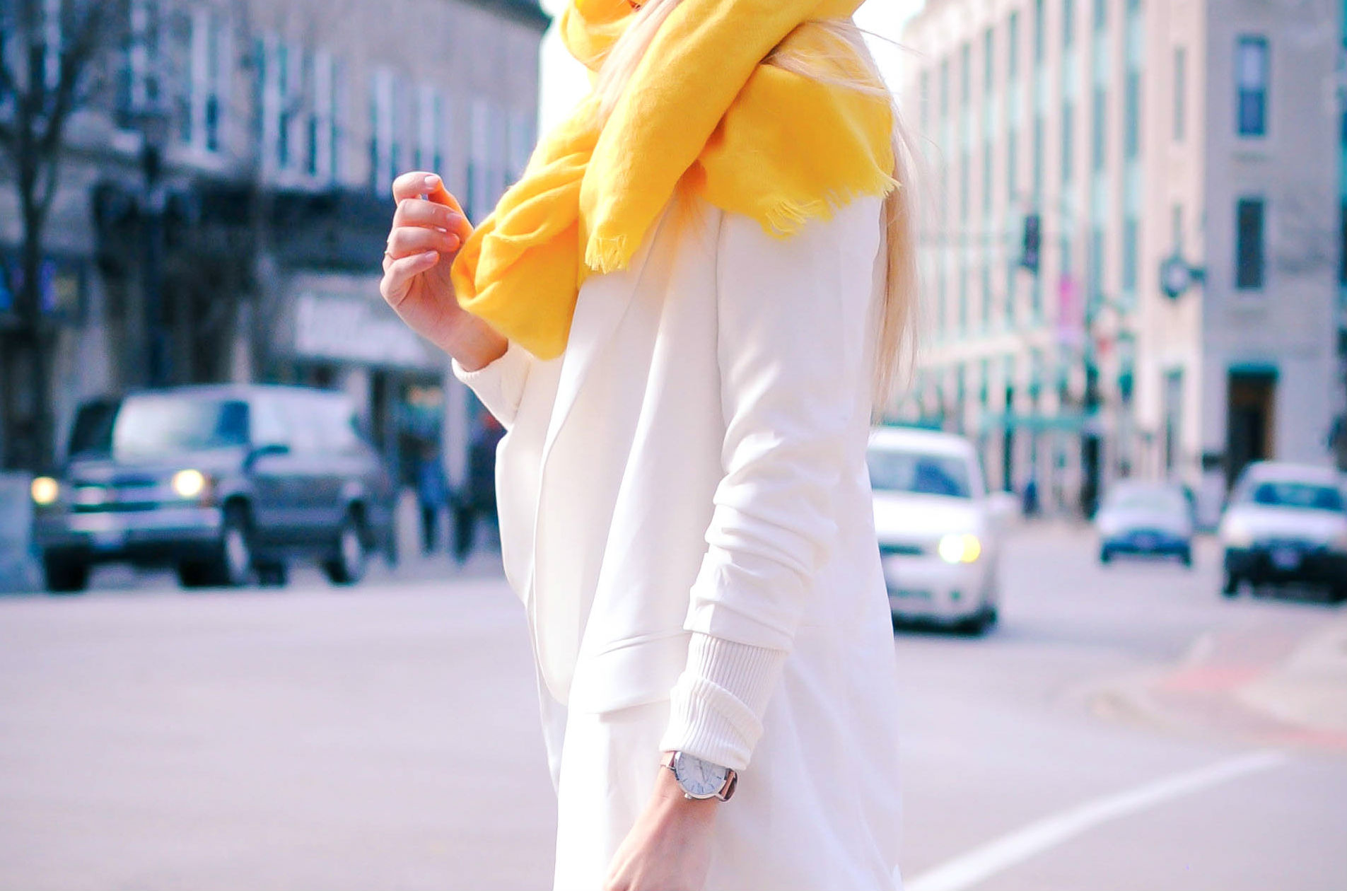 White Blazer_Color Blocked Booties_Yellow Scarf_What Would V Wear_Top Bloggers