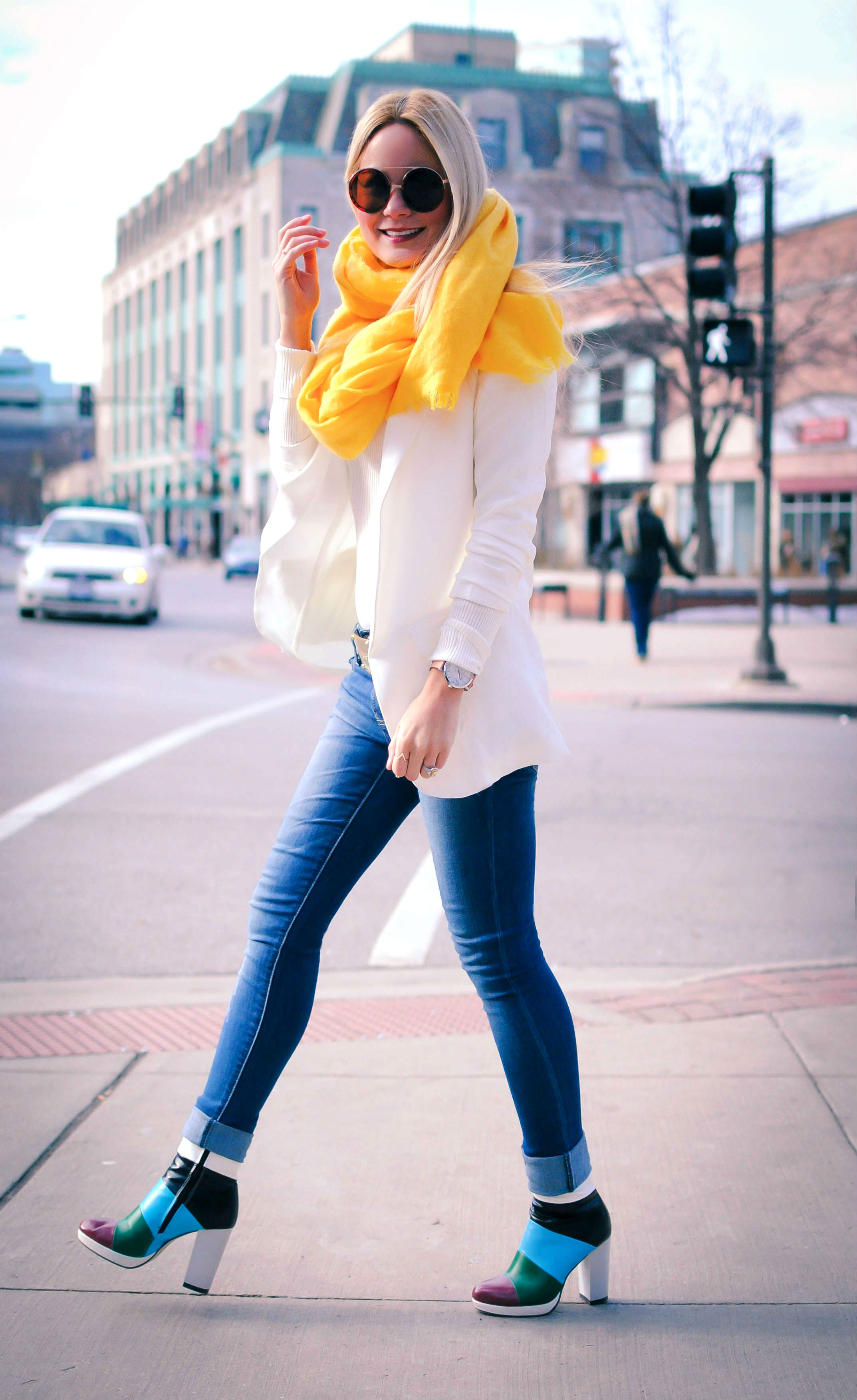 Yellow Scarf_White Blazer_Denim Jeans_What Would V Wear_Vanessa Lambert