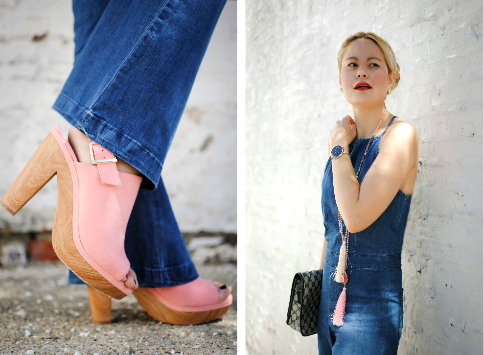 Soho Chic_Denim Jumpsuit_New York and Company_What Would V Wear_Pink Shoes