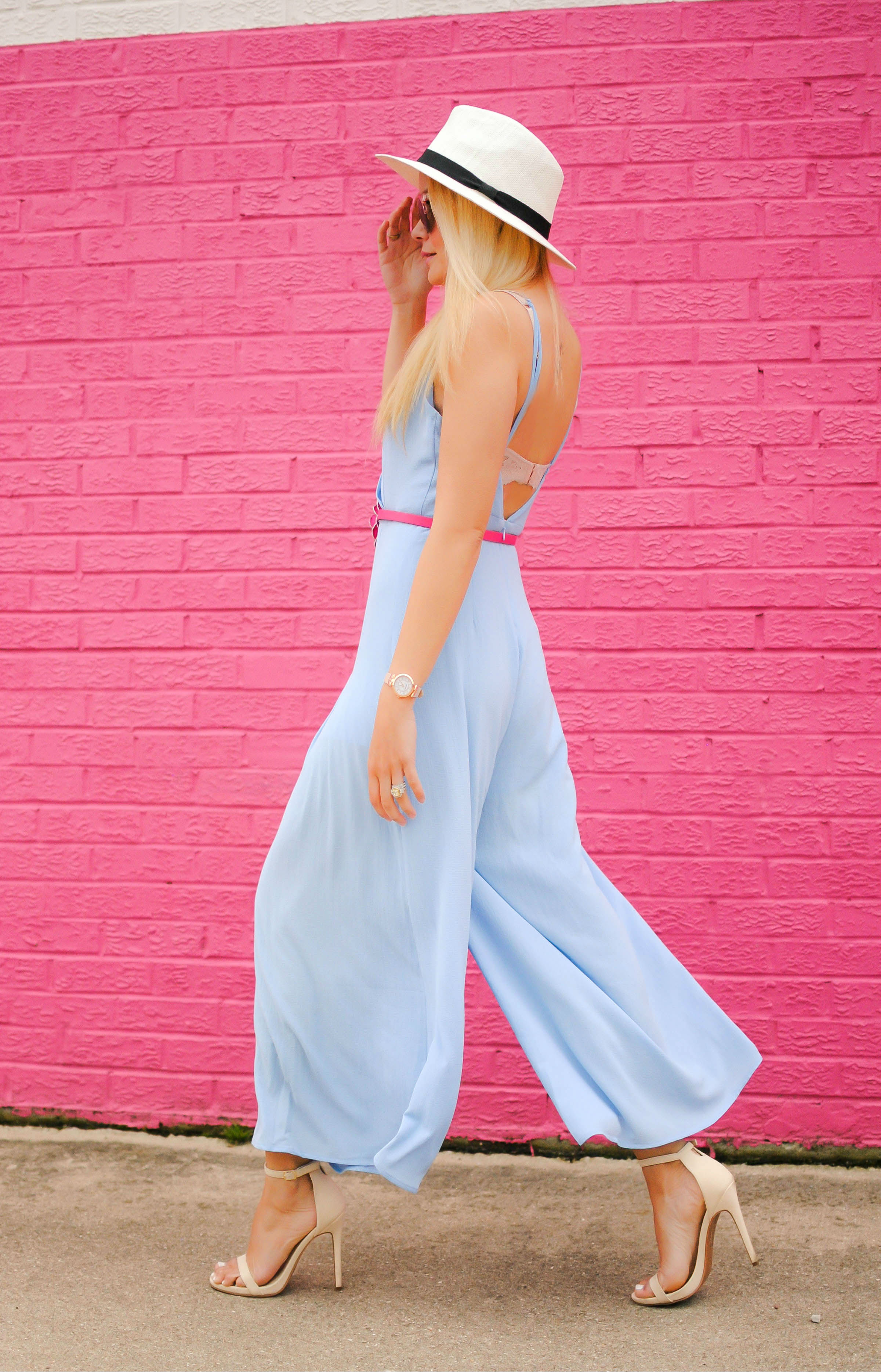 Baby Blue Jumpsuit_Nude Strappy Heels_Panama Hat_What Would V Wear_Vanessa Lambert