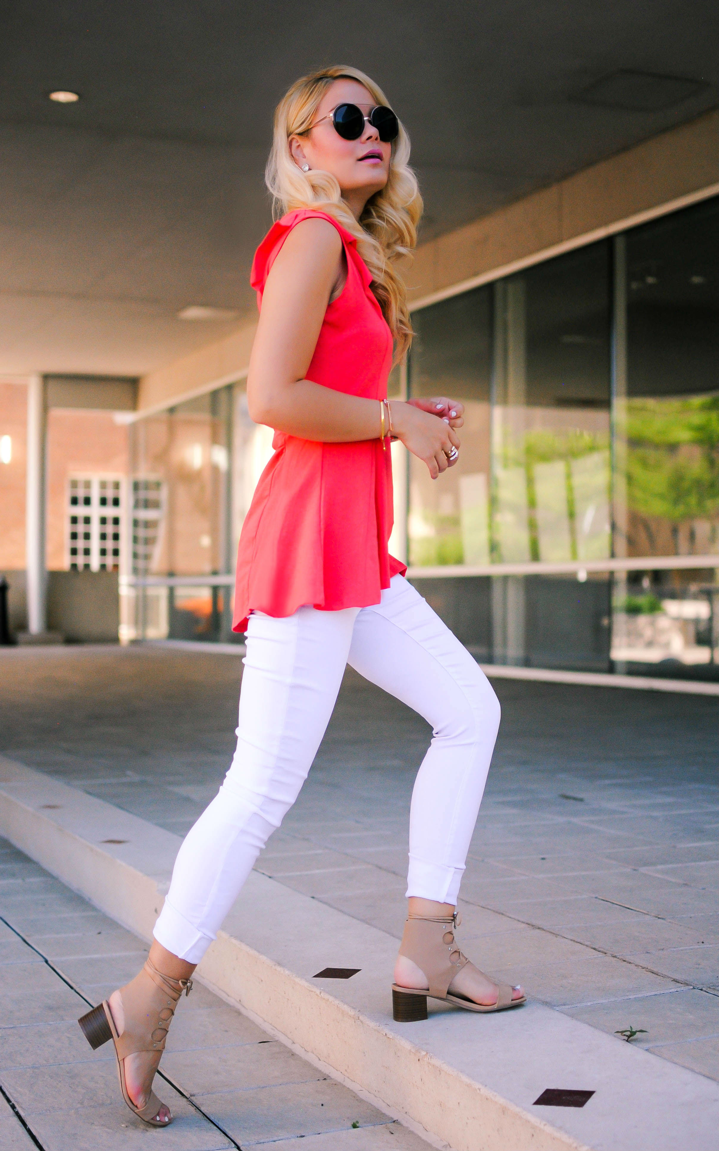 Spreadig Awareness_Elegantees_Hot Pink Ruffle Top_White Jeans_Lace Up Sandals_What Would V Wear