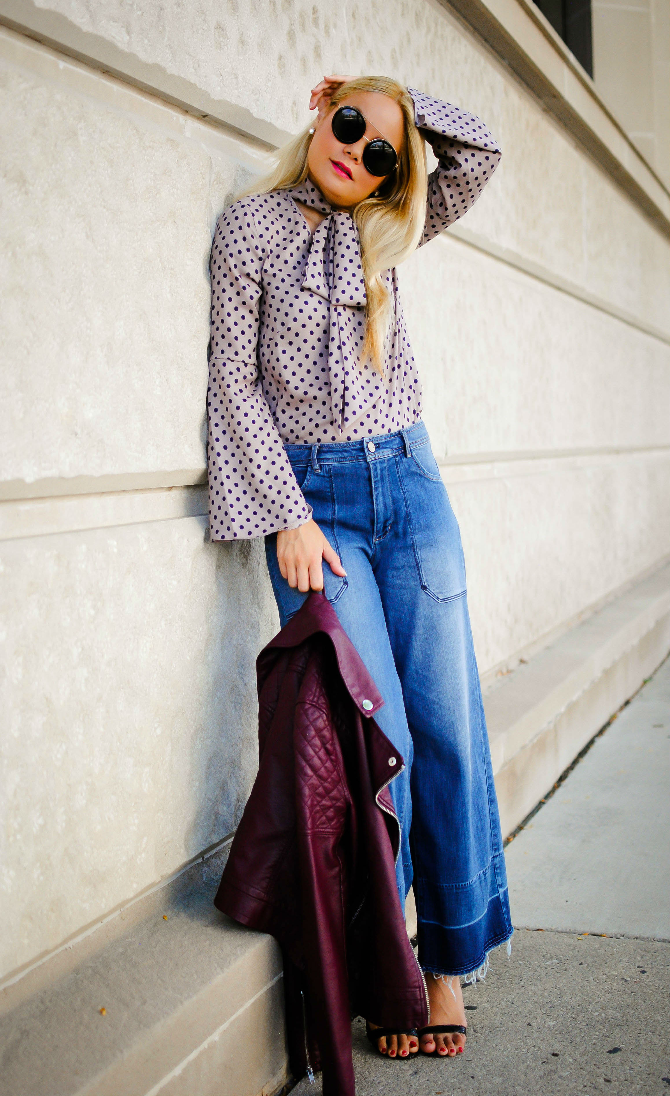 Transition Your Summer Wardrobe to Fall Fashion_Denim Culottes_Polka Dot Blouse_Bow Tie Blouse_Leather Moto Jacket_Fall Transition_What Would V Wear_1