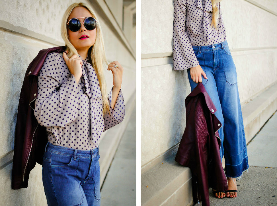 Transition Your Summer Wardrobe to Fall Fashion_Denim Culottes_Polka Dot Blouse_Bow Tie Blouse_Leather Moto Jacket_Fall Transition_What Would V Wear_6