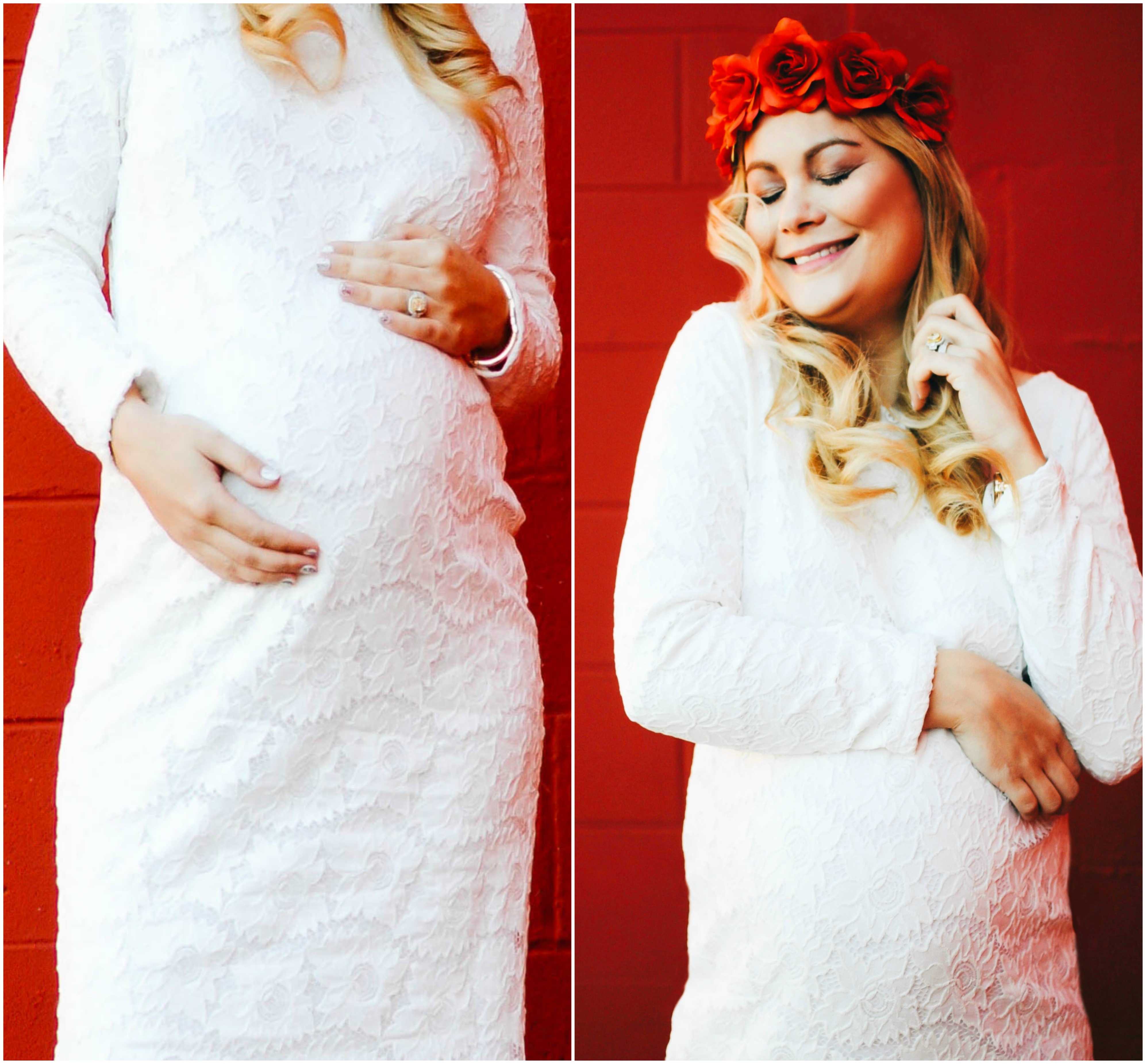 Vanessa Lambert blogger behind What Would V Wear wears a wnite lace maternity dress from Ingrid and Isabel_9